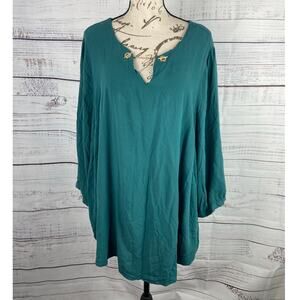 Torrid 3 Blouse Womens 3X Teal Split Neckline Chain Accent 3/4 Sleeves Rayon
